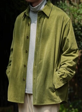 WATEREVER「抹茶」新疆纯棉牛油果绿色丝绒口袋衬衫春秋质感外套