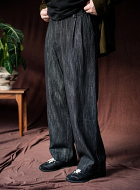 WATEREVER「暗礁」石黑色色织棉麻牛仔微锥水洗不褪色半松紧长裤