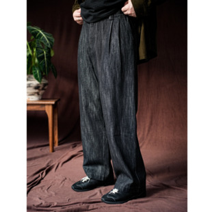 WATEREVER「暗礁」石黑色色织棉麻牛仔微锥水洗不褪色半松紧长裤