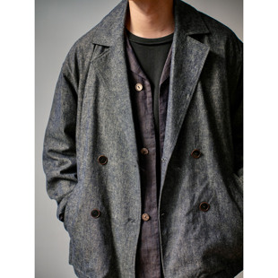 WATEREVER 休闲夹克外套 复古蓝春秋大翻领双排扣棉麻牛仔西装