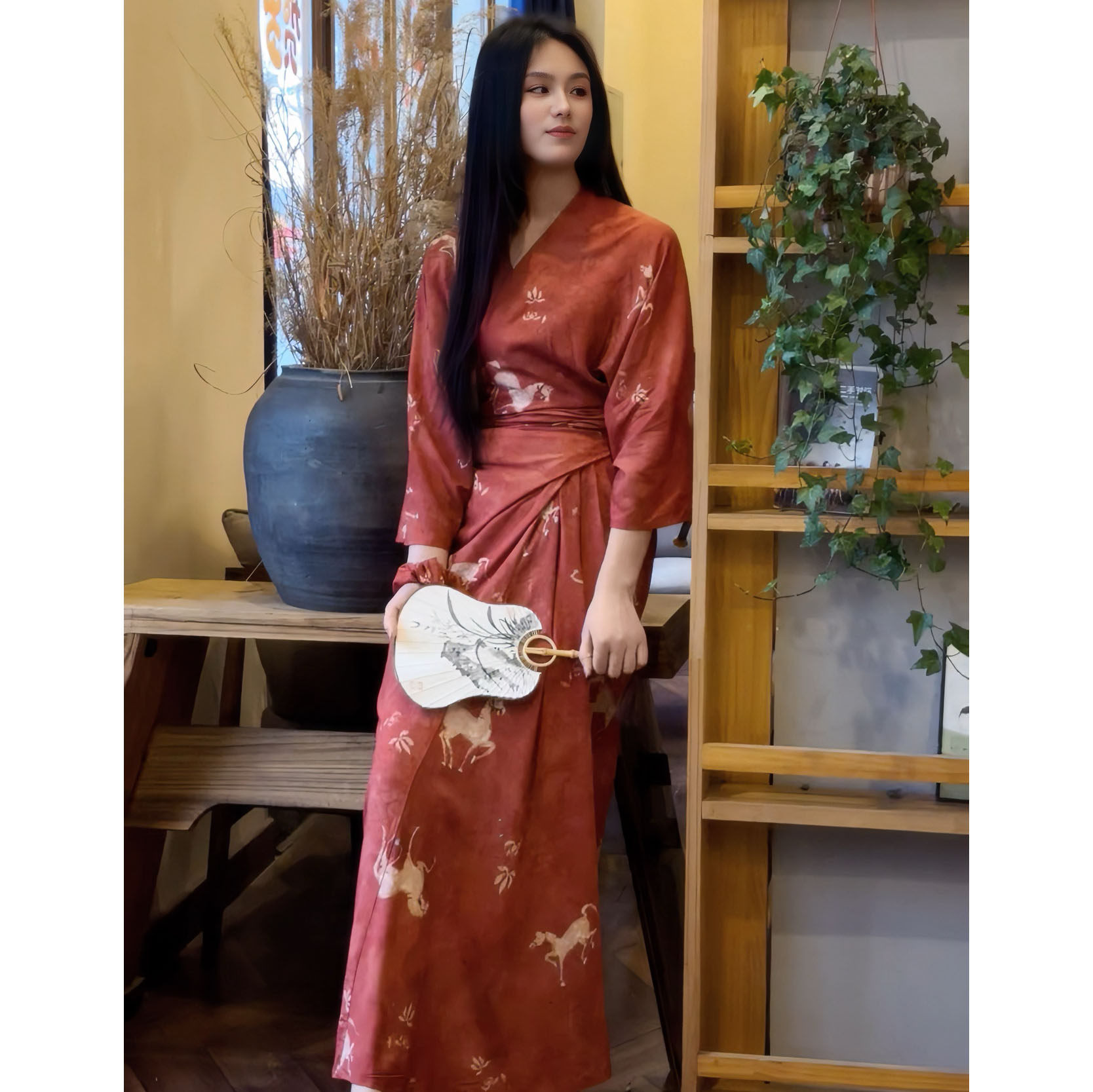 【裹系长裙】2026年新款棉绸裙中袖V领显瘦碎花裙收腰