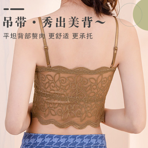 蕾丝美背文胸一体抹胸吊带背心式带胸垫内衣女防走光外穿夏天薄款