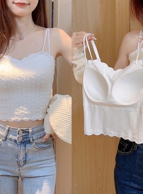纯欲小吊带固定芒果杯内衣白色性感带胸垫文胸背心内搭短上衣外穿
