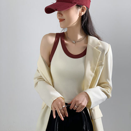 螺纹棉撞色背心打底女春夏宽中长款修身圆领港风女装高级感吊带女