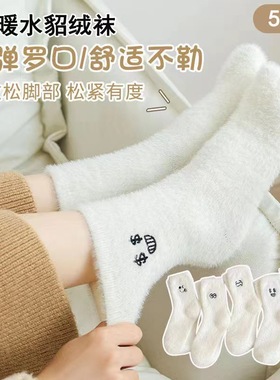 袜子冬季加绒毛茸茸保暖白色袜加绒中筒日系搞怪睡眠表情女袜