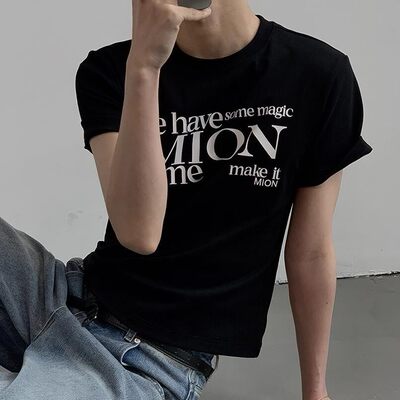 MION 夏季短袖T恤正肩圆领字母印花半袖纯色显身材痞帅轻奢男装