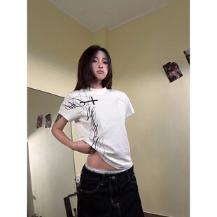 凉感索罗娜美式设计感印花正肩短袖T恤简约短款百搭修身上衣男女