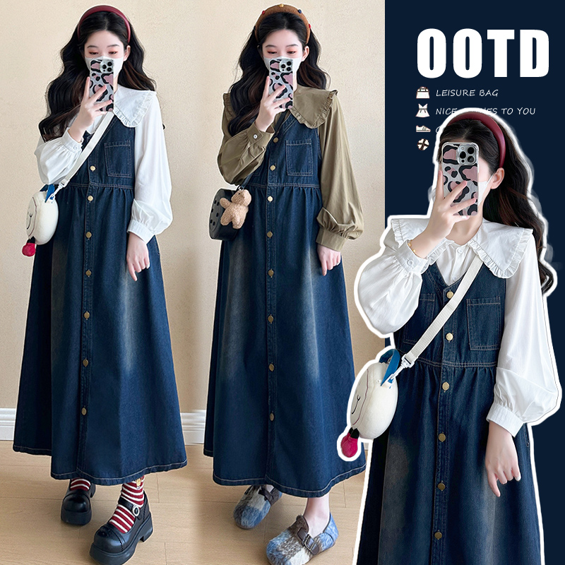 春大码女装胖mm显瘦遮肚法式牛仔连衣裙打底娃娃领衬衫背带裙套装