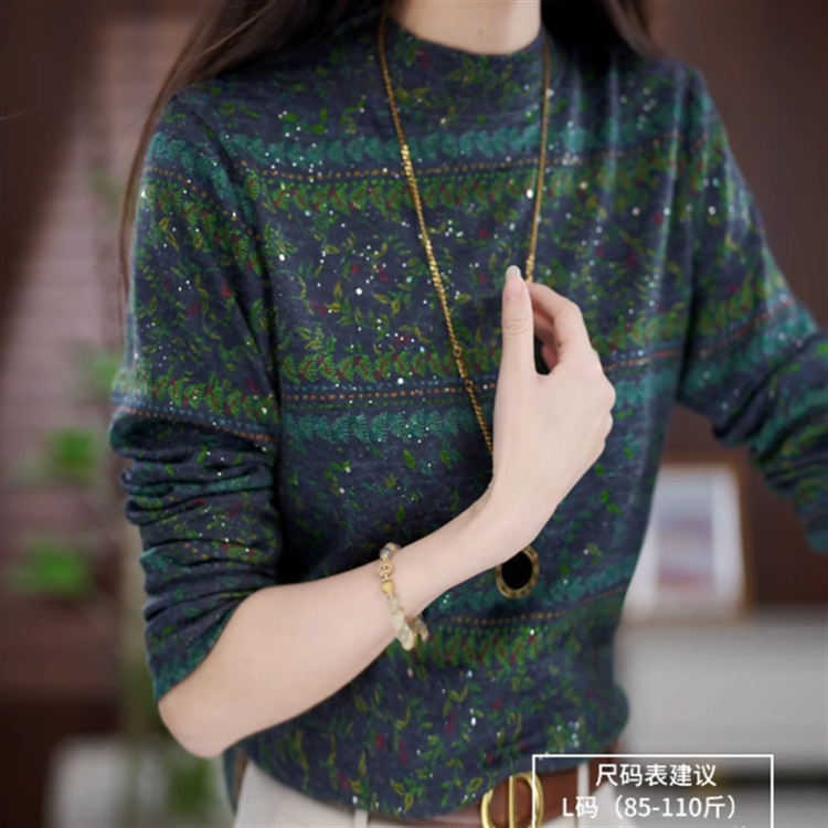 原版面料2025冬季新款时尚半高领加绒保暖印花打底衫上衣