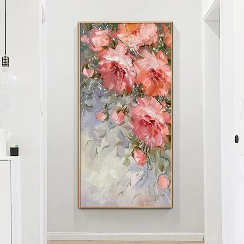 大芬村油手绘画牡丹抽象花卉挂画轻奢现代肌理立体玄关竖版装饰画图片