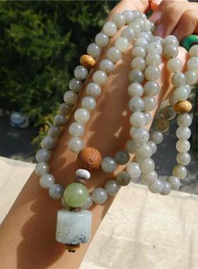 正宗新疆和田玉籽料点墨青花玉8mm18佛珠手链项链挂件男女款吊坠