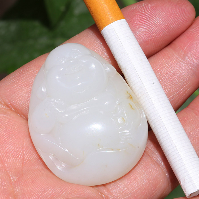 正宗新疆和田玉籽料玉龙河洒金皮羊脂白玉笑佛一级白女士挂件优质