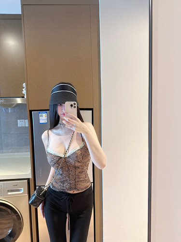GGQSDZ 【豹纹小姐】纯欲蕾丝精致褶皱吊带修身低领内搭外穿背心