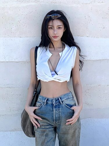 GGQSDZ 方圆同款～美式复古辣妹Sk1ms深v领扭结卷边袖口上衣背心