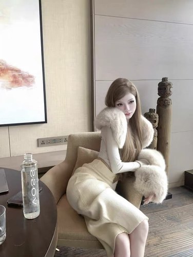 GGQSDZ【米兰氛围】环保皮草拼接针织两件套开衫套装