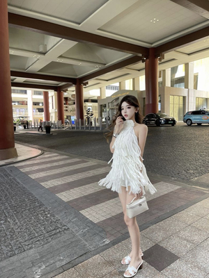 GGQSDZ*独+定制Blu 立体玫瑰花朵挂脖上衣长流苏大露背吊带背心