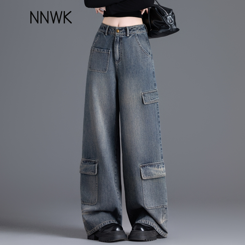 多口袋工装裤子女宽松加绒牛仔裤