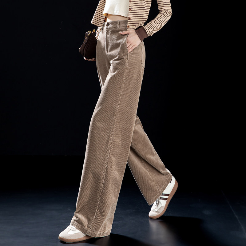卡其色灯芯绒裤子窄版阔腿直筒裤