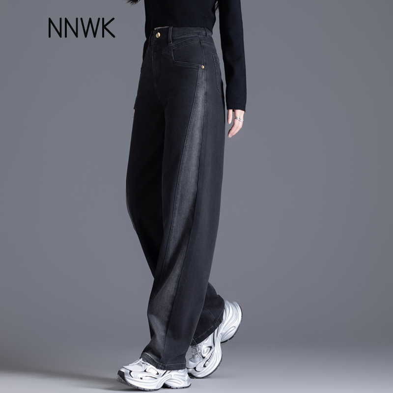 黑色阔腿牛仔裤撞色直筒裤弯刀裤