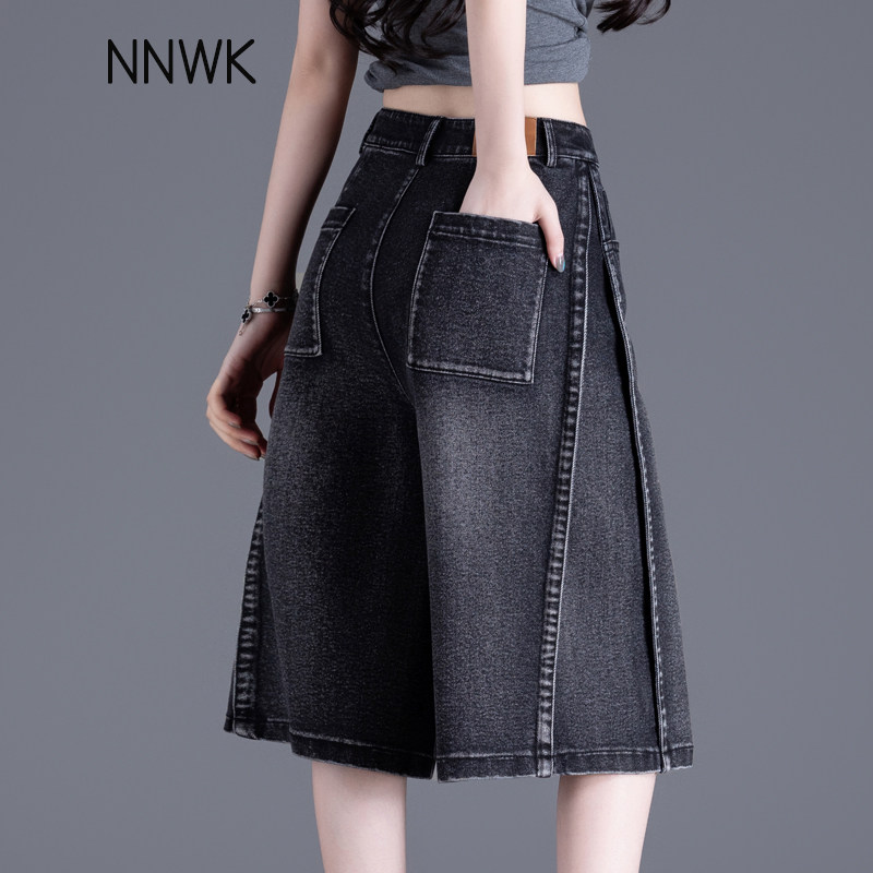 黑色高腰五分牛仔裤女夏薄款2026新款阔腿短裤过膝六分直筒中裤