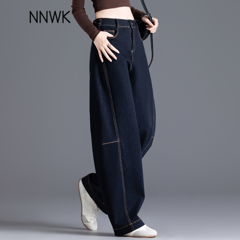 防掉色丹宁蓝牛仔裤女弯刀老爹裤