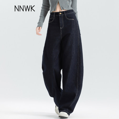 丹宁蓝弯刀牛仔裤女翻边镰刀裤子