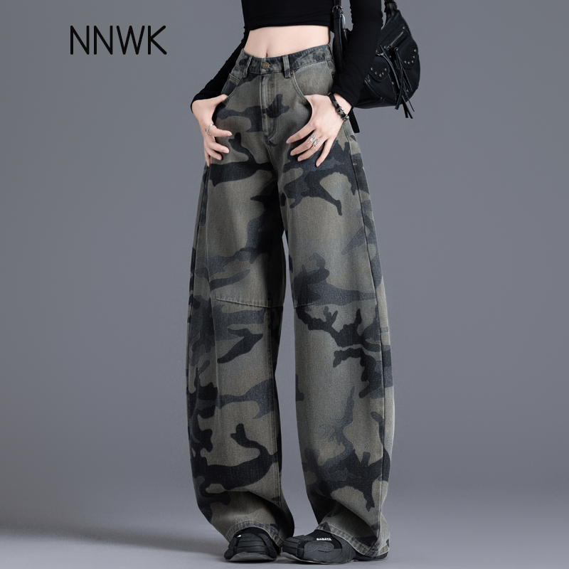 工装风迷彩牛仔裤子女宽松弯刀裤