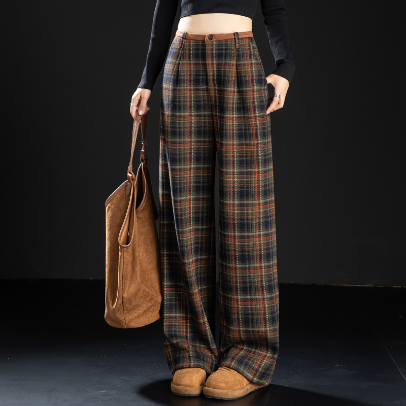 秋冬加绒裤子女毛呢休闲裤格子裤