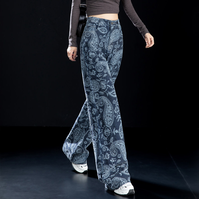 美式雪尼尔腰果花提花牛仔裤长裤