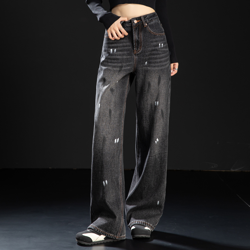 阔腿裤牛仔裤女加绒加厚黑色裤子