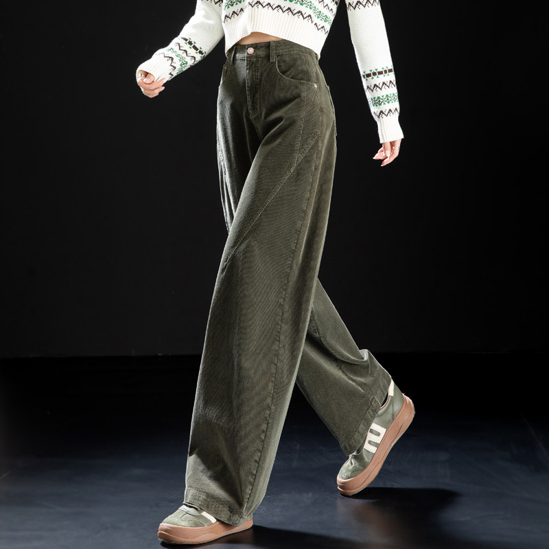 军绿色灯芯绒裤子弯刀裤女休闲裤