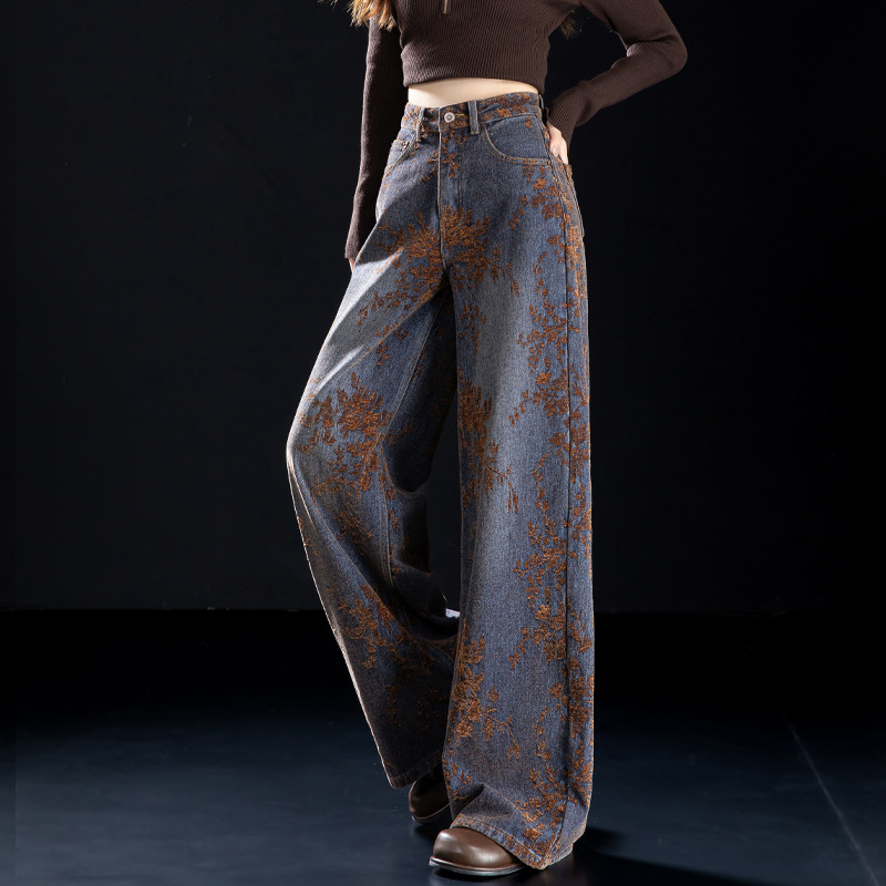 雪尼尔高级感植绒牛仔裤女阔腿裤