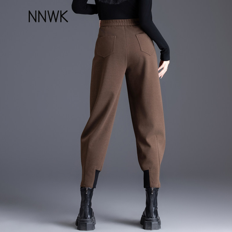 咖啡色裤子女秋冬加厚毛呢哈伦裤