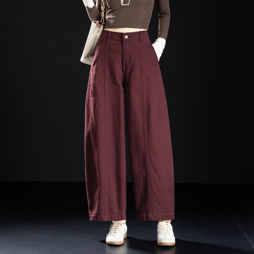 梅子红牛仔裤女小个子九分弯刀裤