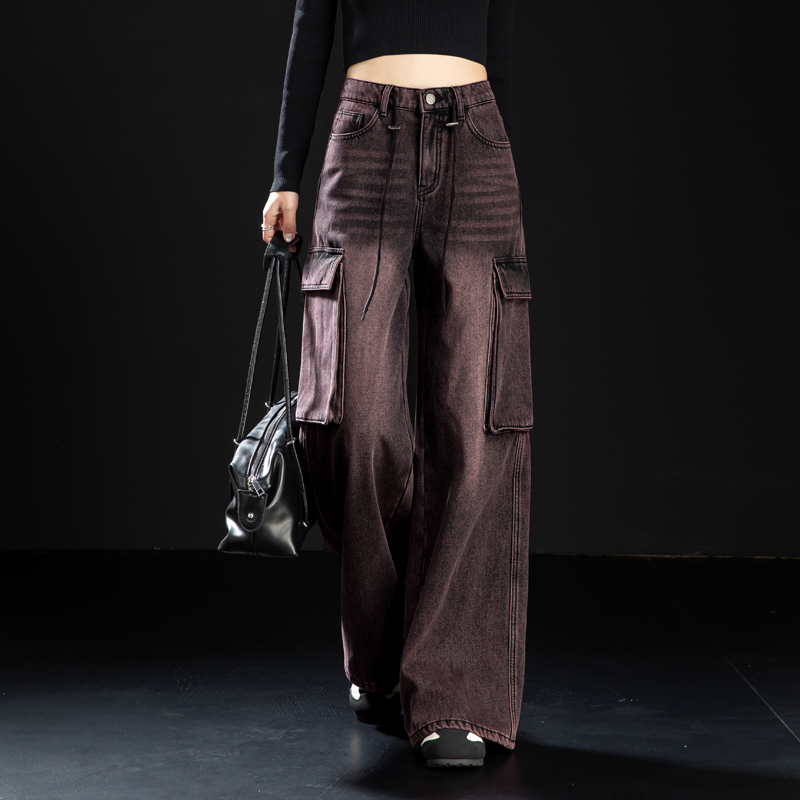 美式酷飒风牛仔裤女黑红色阔腿裤