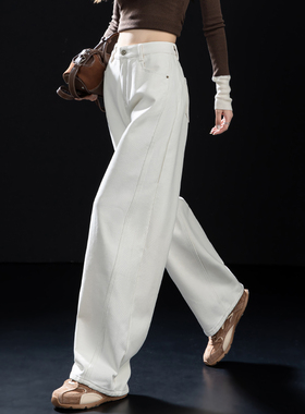 巨好看的白色加绒牛仔裤女2025新款冬季加厚小个子裤子宽松弯刀裤