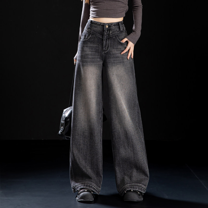 黑灰色加厚阔腿牛仔裤女加绒裤子