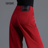 休闲阔腿裤 安可拉红色裤 春秋季 高腰宽松直筒裤 子牛仔裤 女2026新款