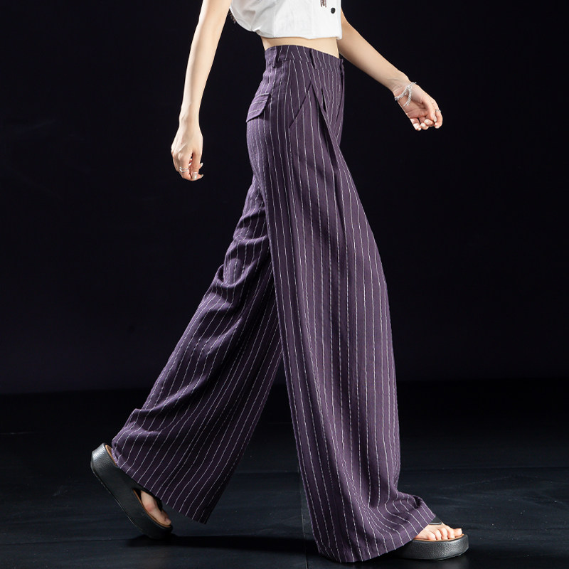紫色条纹亚麻裤子女夏垂感阔腿裤图片