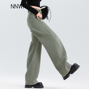 女2025新款 子高腰宽松阔腿直筒弯刀裤 秋季 型超好看裤 版 绿色牛仔裤