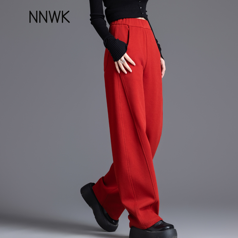安可拉红高腰阔腿裤女卫裤运动裤
