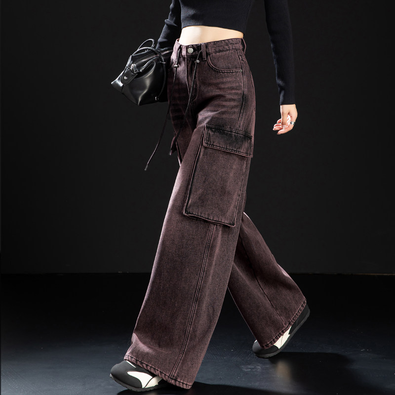 黑红色加绒牛仔裤女2025新款美式工装裤冬季加厚裤子阔腿裤直筒裤,女装/女士精品,牛仔裤,淘宝优惠券,粉丝福利购,淘宝优惠卷