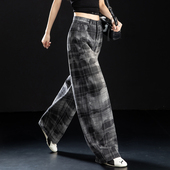 高街格纹印花牛仔裤 弯刀裤 女2026新款 子春秋复古格子裤 黑色裤 美式