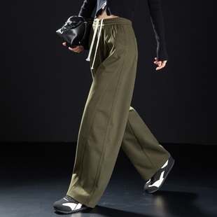 今年流行梧桐裤 绿色毛呢运动裤 加厚宽松休闲弯刀裤 冬季 女2025新款