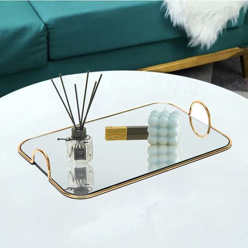 北欧轻奢金属镜面托盘桌面茶几收纳盘样板房装饰品美式玻璃水果盘