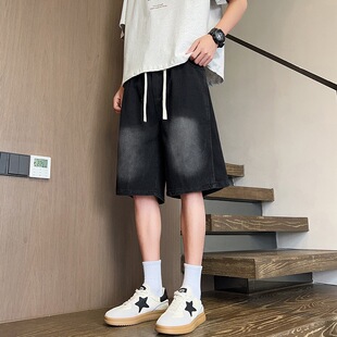 牛仔短裤男夏季新款水洗复古蓝色工装休闲裤子男款宽松直筒五分裤