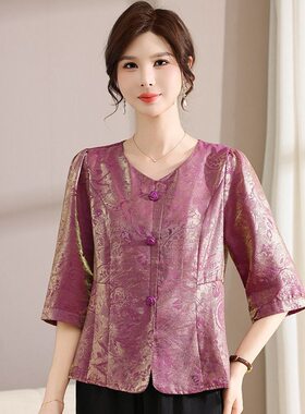 妈妈春夏七分袖夏天新中式国风2026新款中老年T恤女时尚遮肚小衫