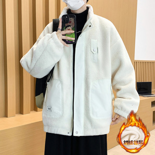 青少年羊羔毛绒外套男款冬季加绒厚连帽潮保暖初高中大学生棉衣服