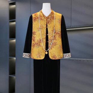妈妈春装端庄大气金丝绒套装中老年女装春秋马甲外套新中式三件套