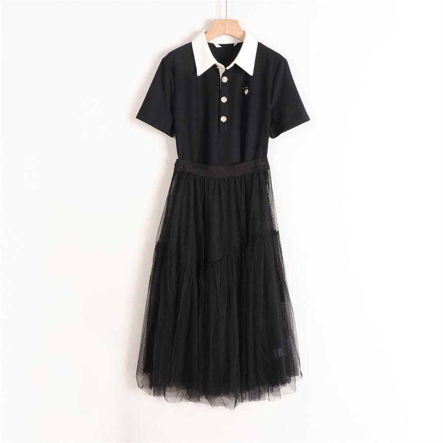 拼色POLO领长T纱裙两件套连衣裙